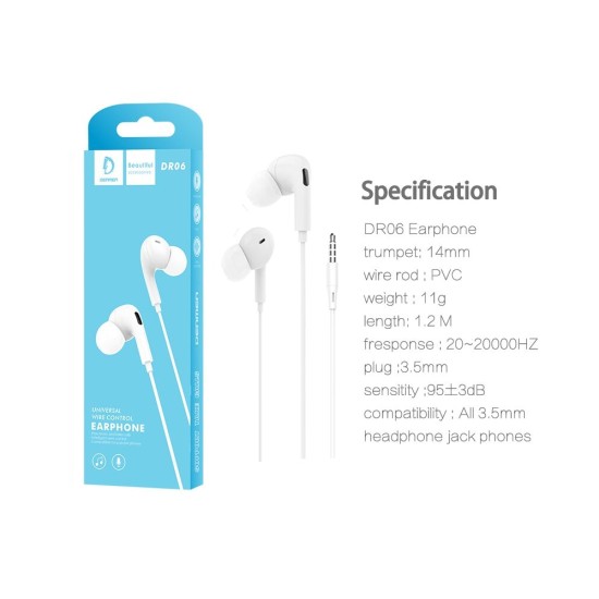 DENMEN WIRE CONTROL EARPHONES DR06 WHITE